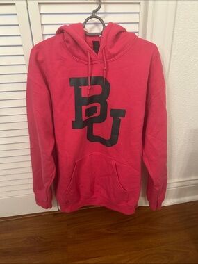 Gildan Pink Crewneck Hoodie with Green BU Logo